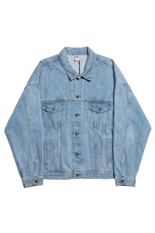 Blue denim jacket on a white background