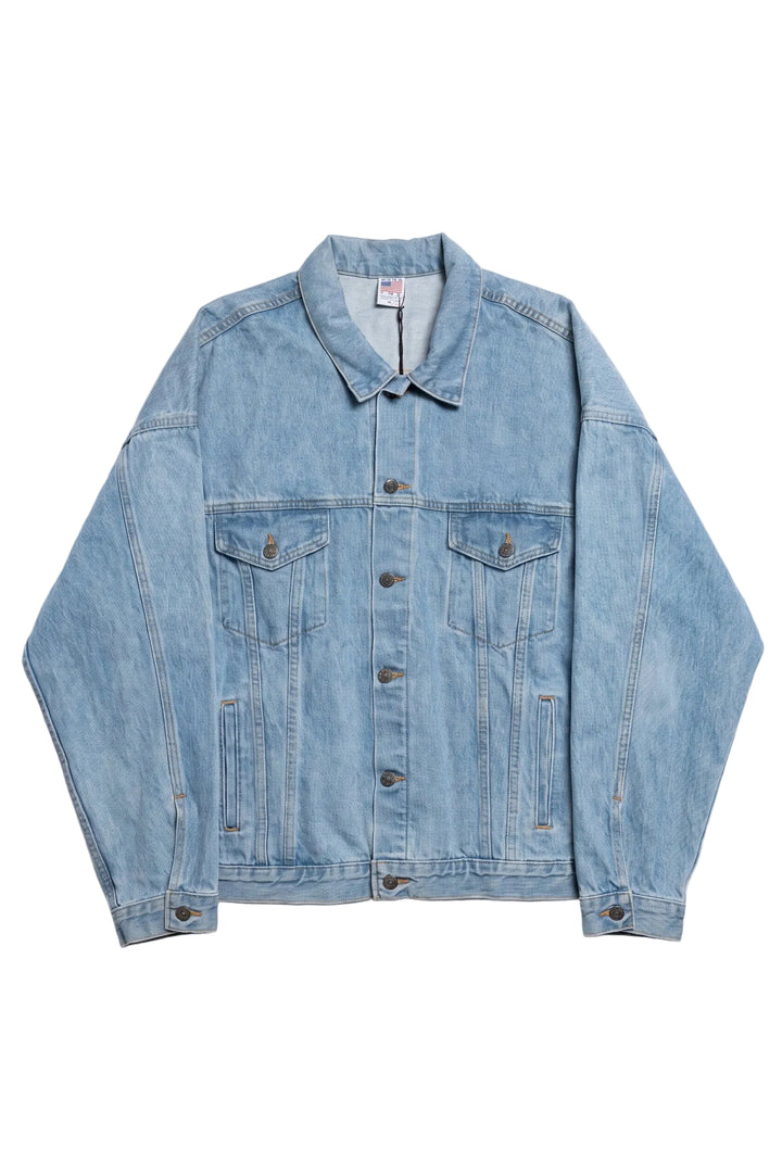 Blue denim jacket on a white background