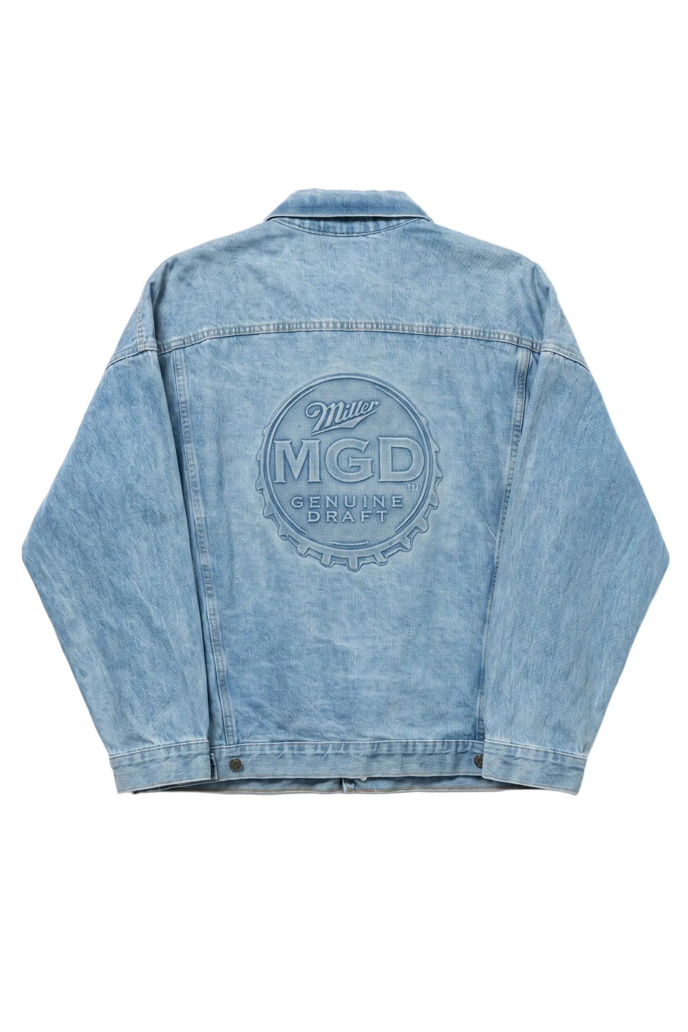 Light blue denim jacket with a logo on the back against a white background