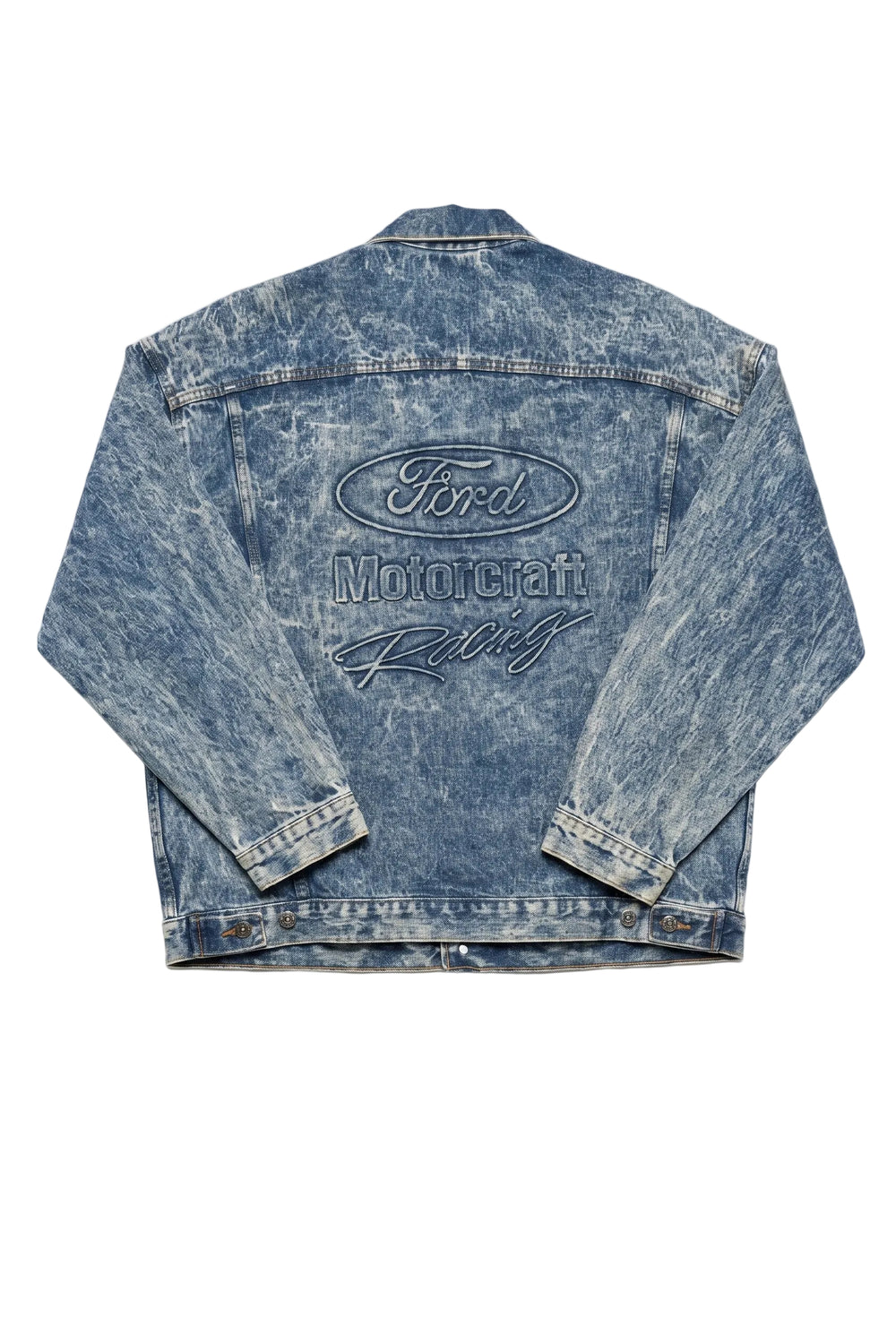Blue denim jacket with Ford Motorcraft logo on a white background
