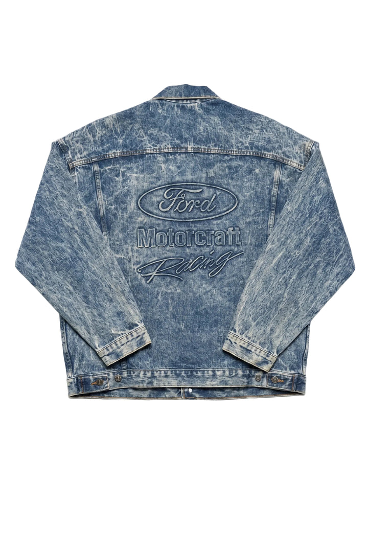 Blue denim jacket with Ford Motorcraft logo on a white background