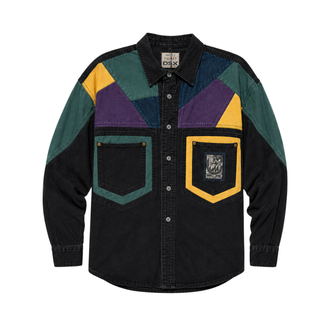 Vintage Double Exposure Color Block Denim Button Up