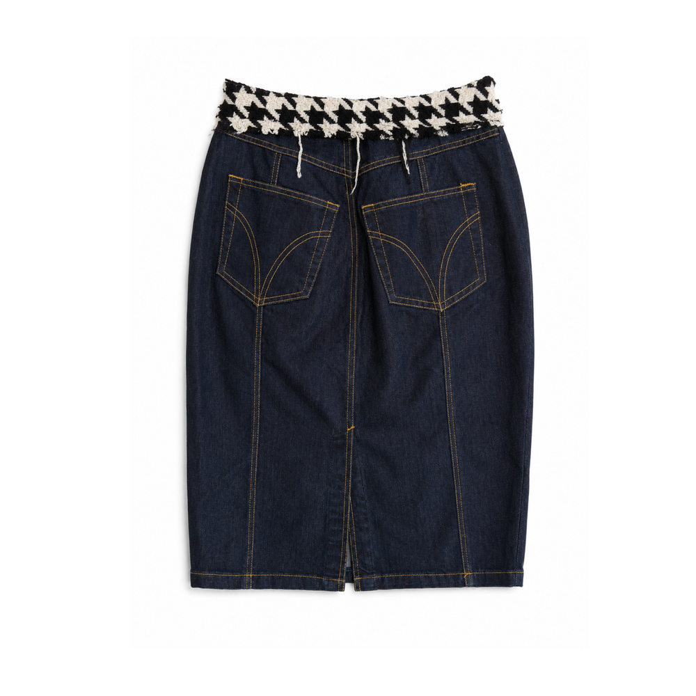 Dark Wash Dolce & Gabbana Denim Houndstooth Midi Skirt