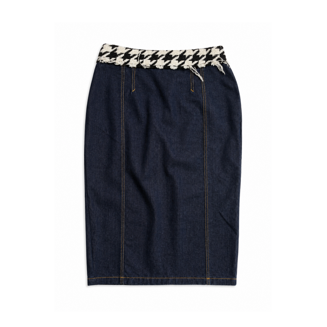 Dark Wash Dolce &amp; Gabbana Denim Houndstooth Midi Skirt