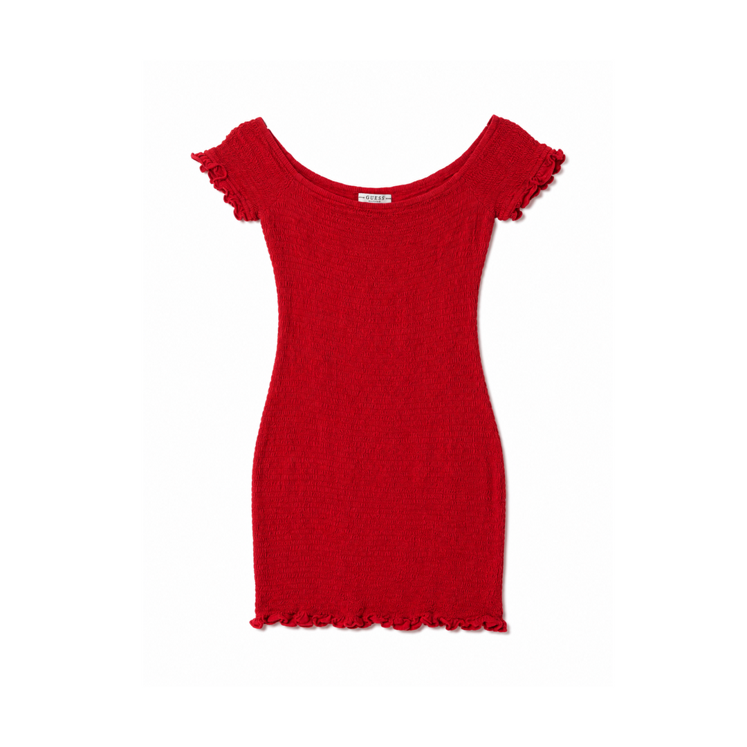 Guess Red Smocked Off-the-Shoulder Mini Dress