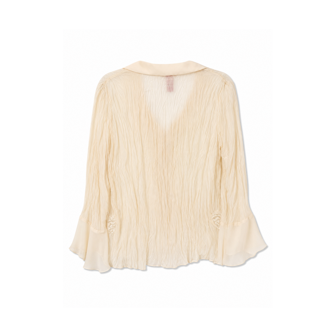 Sunny Leigh Cream Ruffle-Front Button-Down 3/4 Length Sleeve Shirt