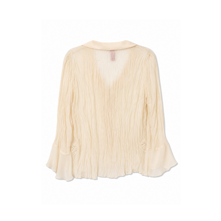 Sunny Leigh Cream Ruffle-Front Button-Down 3/4 Length Sleeve Shirt