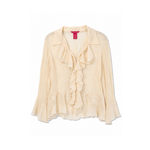 Sunny Leigh Cream Ruffle-Front Button-Down 3/4 Length Sleeve Shirt
