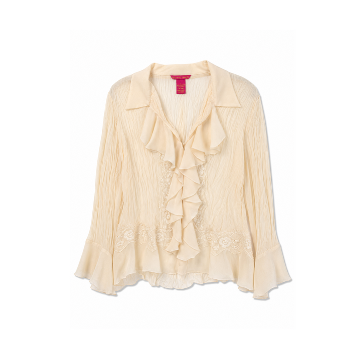 Sunny Leigh Cream Ruffle-Front Button-Down 3/4 Length Sleeve Shirt