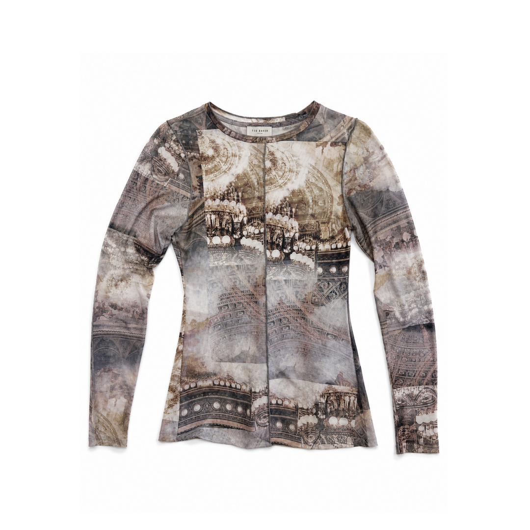 Ted Baker Grey/Yellow Sheer Graphic Long Sleeve Shirt