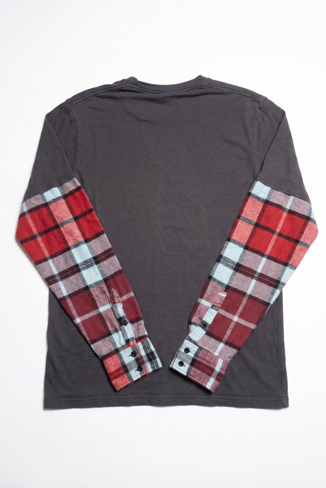 Gray long-sleeve shirt with plaid sleeves on a white background