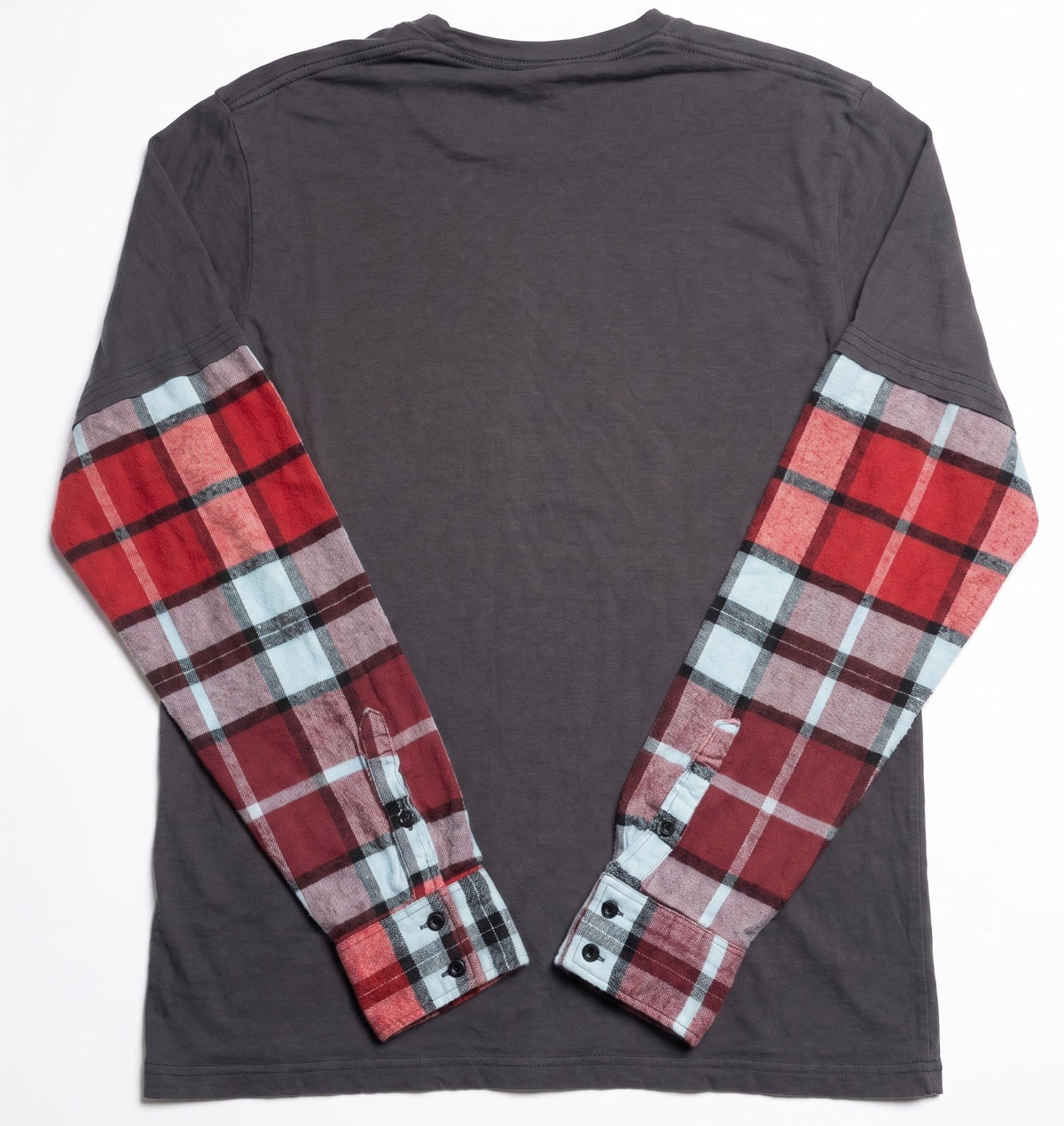 Gray long-sleeve shirt with plaid sleeves on a white background