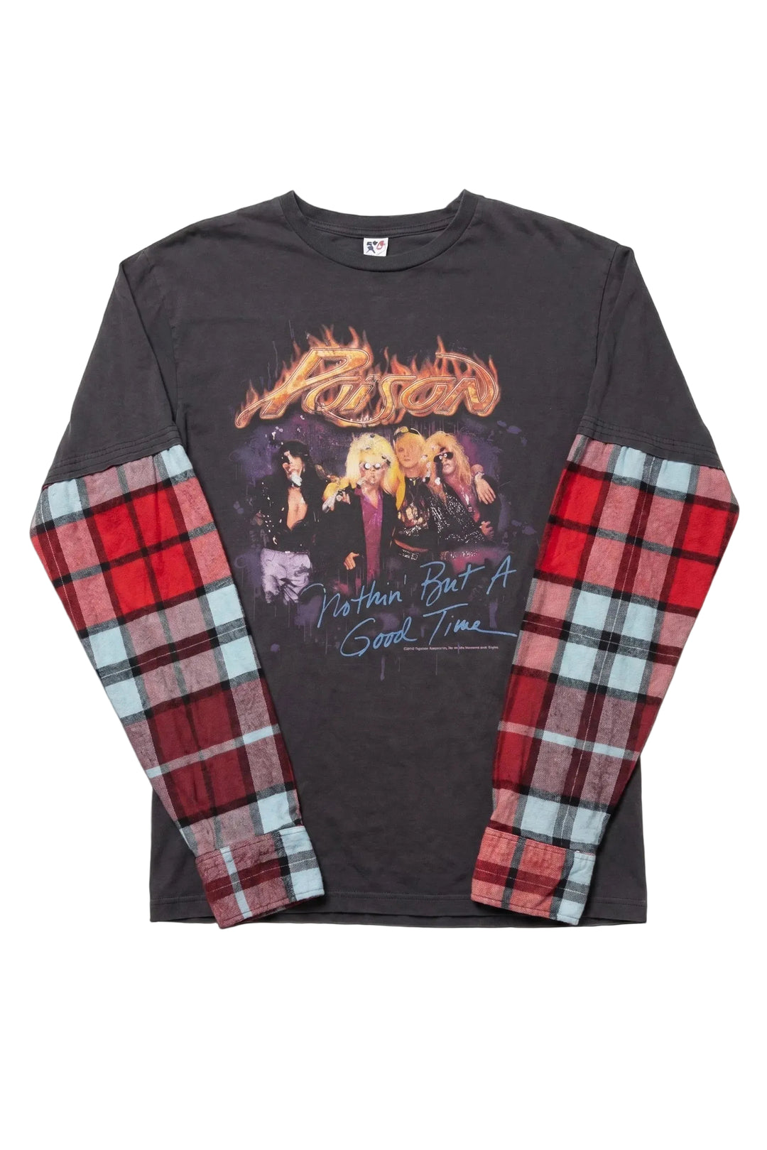 Black long-sleeve shirt with plaid sleeves and graphic design on a white background