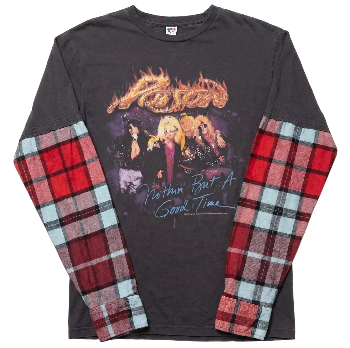 Black long-sleeve shirt with plaid sleeves and graphic design on a white background