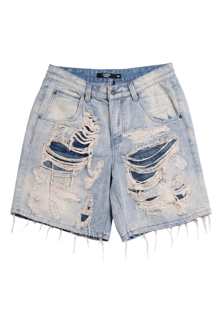 Light Wash Extreme Distressed Raw Hem Denim Shorts