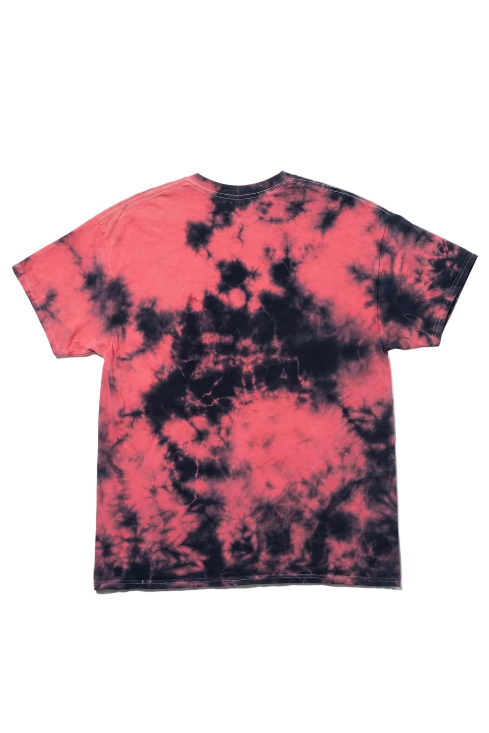 Tie-dye t-shirt with pink and black pattern on a white background