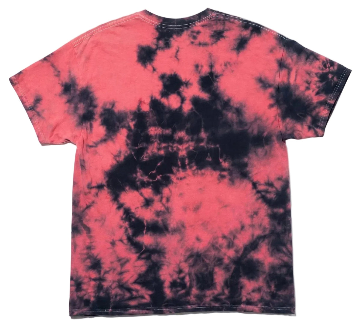 Tie-dye t-shirt with pink and black pattern on a white background