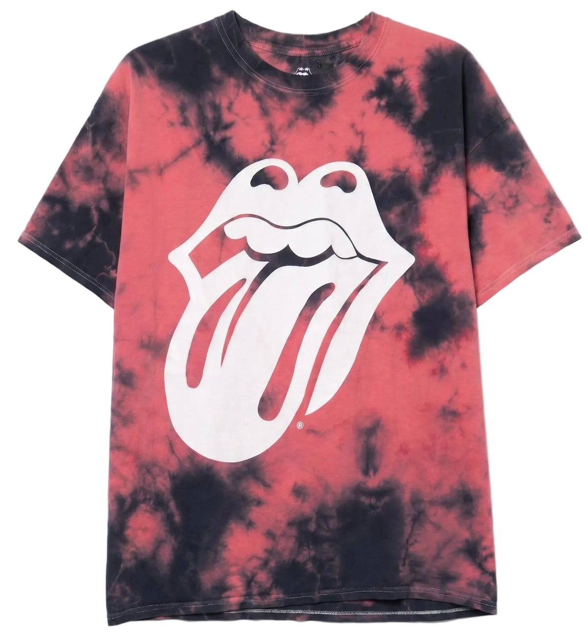 Tie-dye t-shirt with Rolling Stones logo on a white background