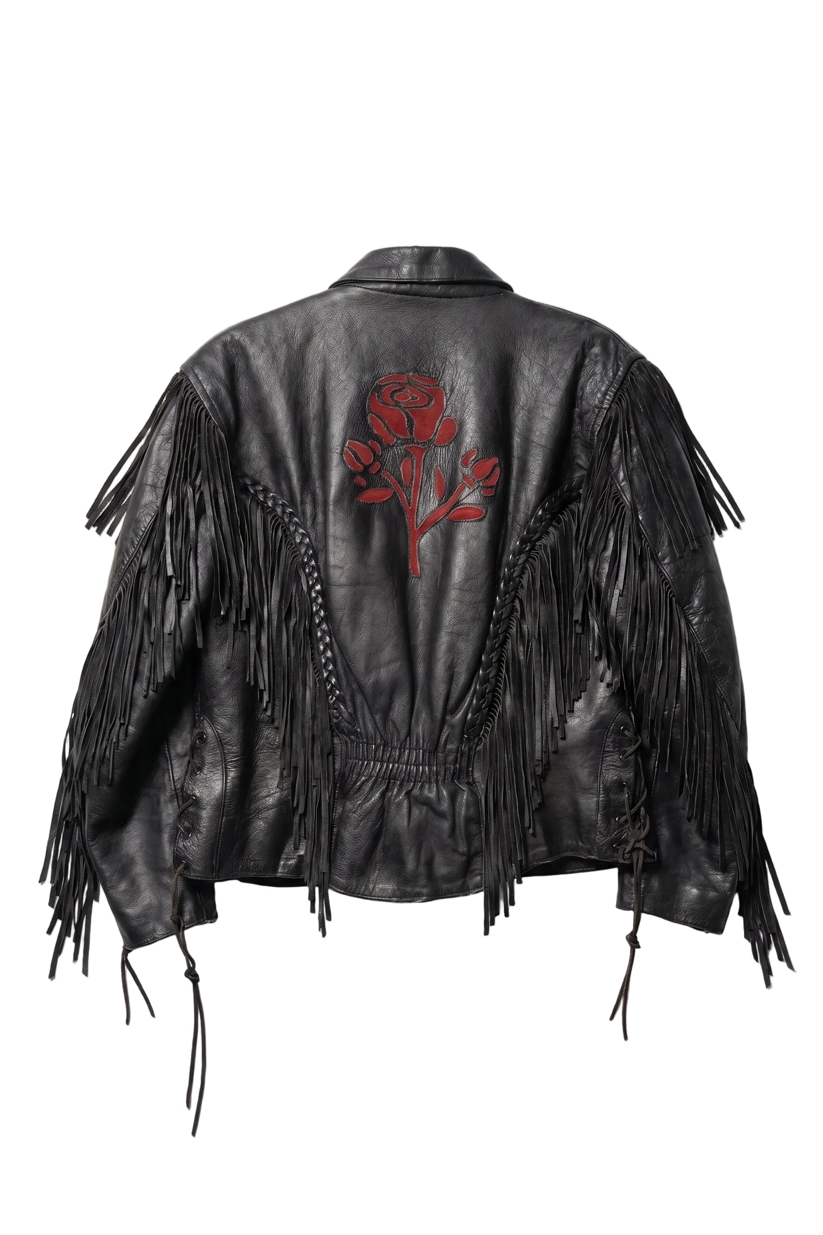 Black leather jacket with fringe details and a red floral design on the back against a white background