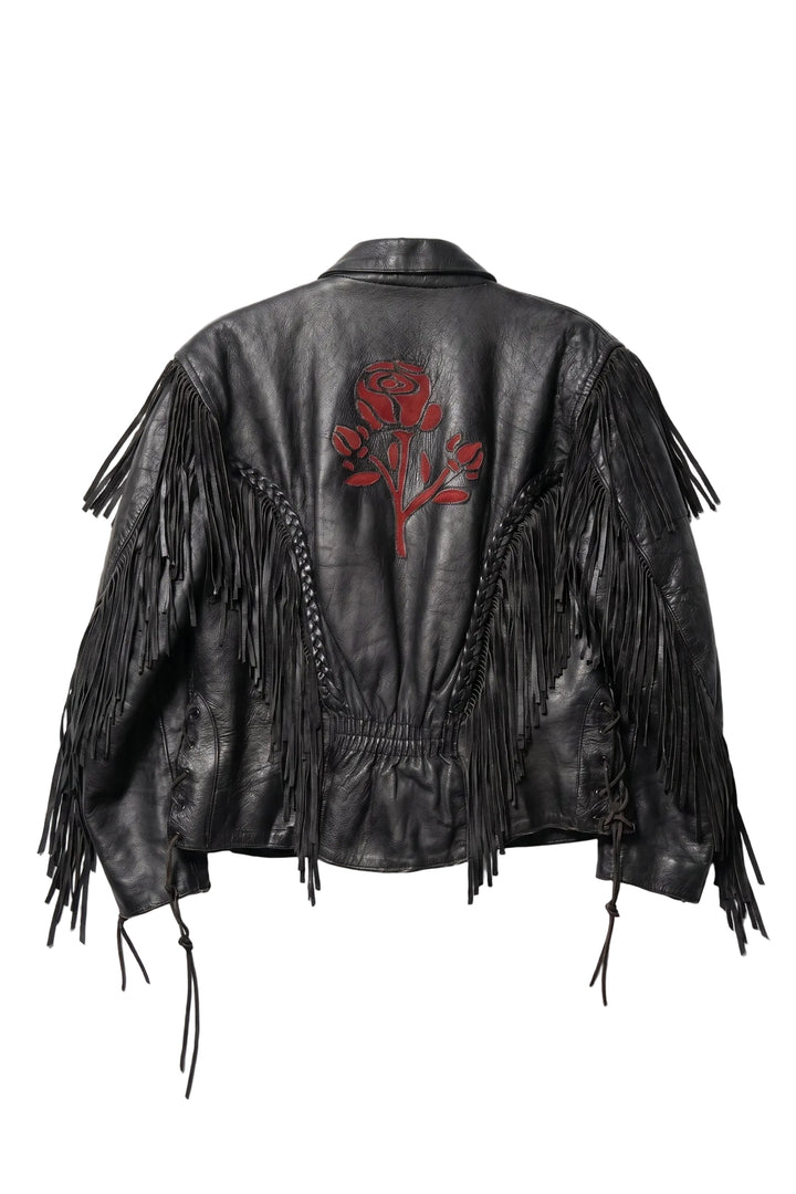 Black leather jacket with fringe details and a red floral design on the back against a white background