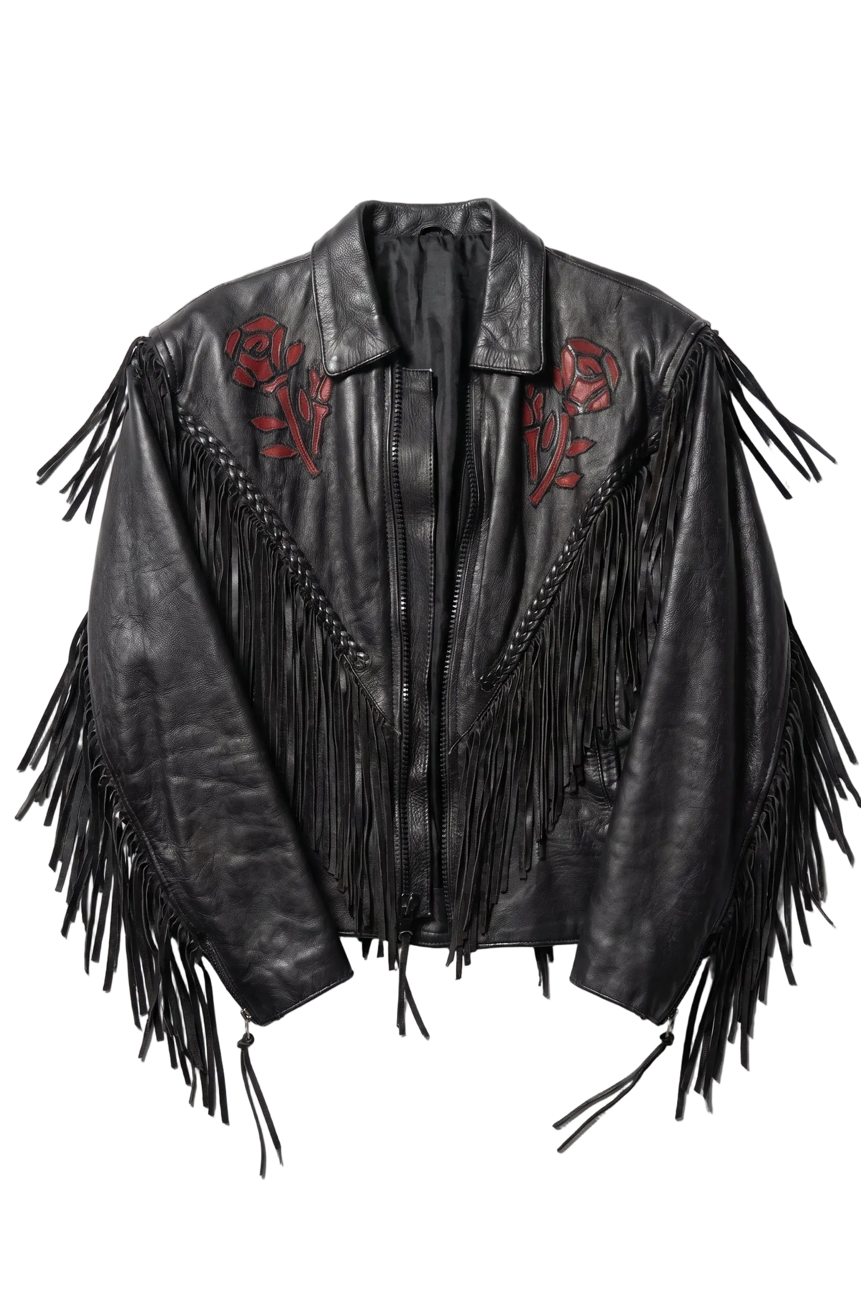 Black leather jacket with fringe and red floral embroidery on a white background