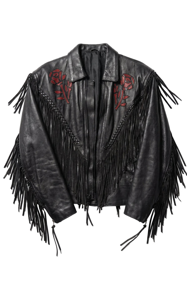 Black leather jacket with fringe and red floral embroidery on a white background