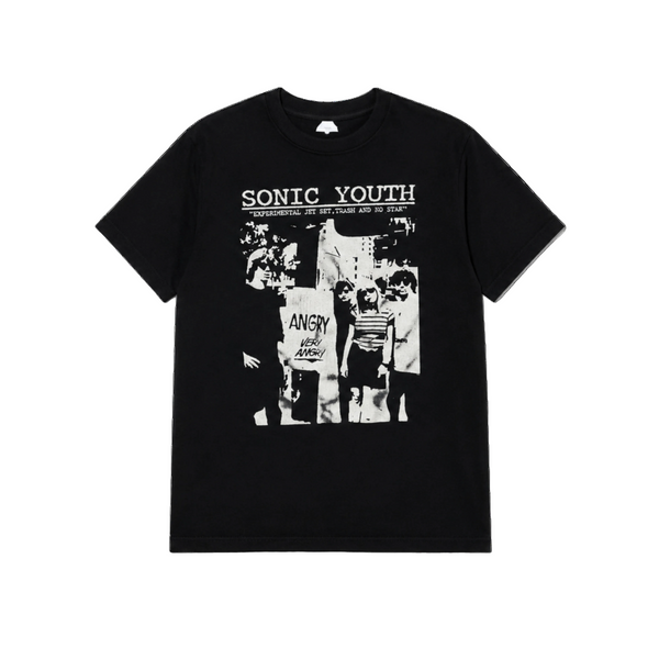 Black t-shirt with 'Sonic Youth' graphic design on a white background