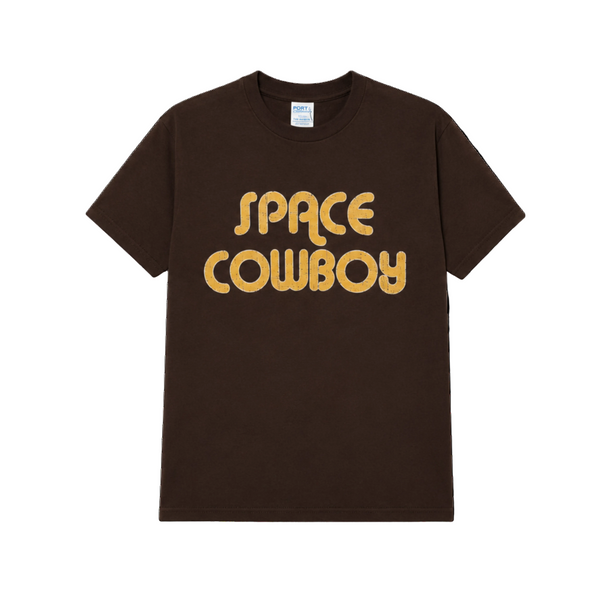 Brown t-shirt with 'Space Cowboy' text in gold on a white background