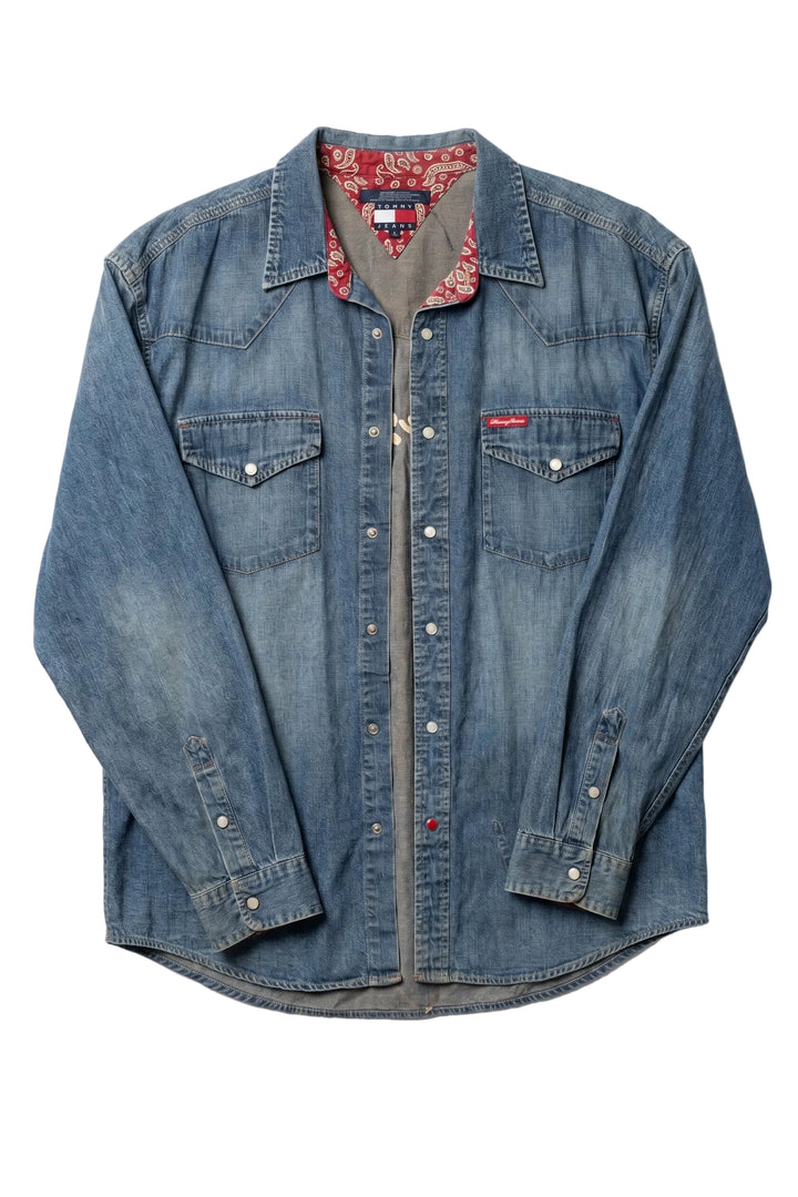 Vintage Tommy Jeans Denim Snap Shirt with Red Paisley Trim