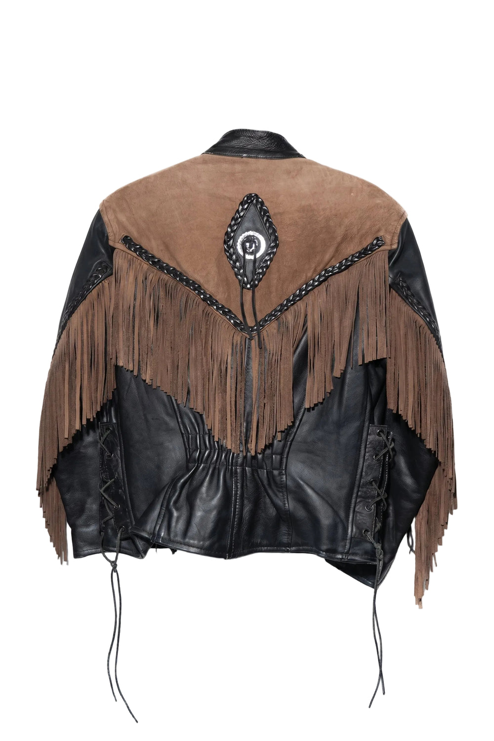 Brown and black leather jacket with fringe details on a white background