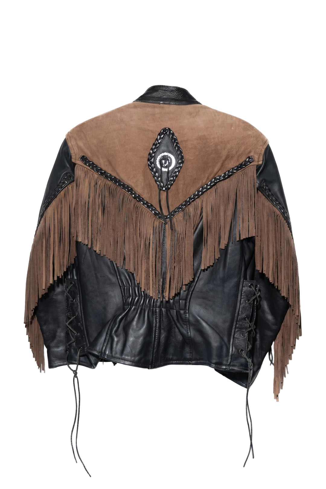 Brown and black leather jacket with fringe details on a white background