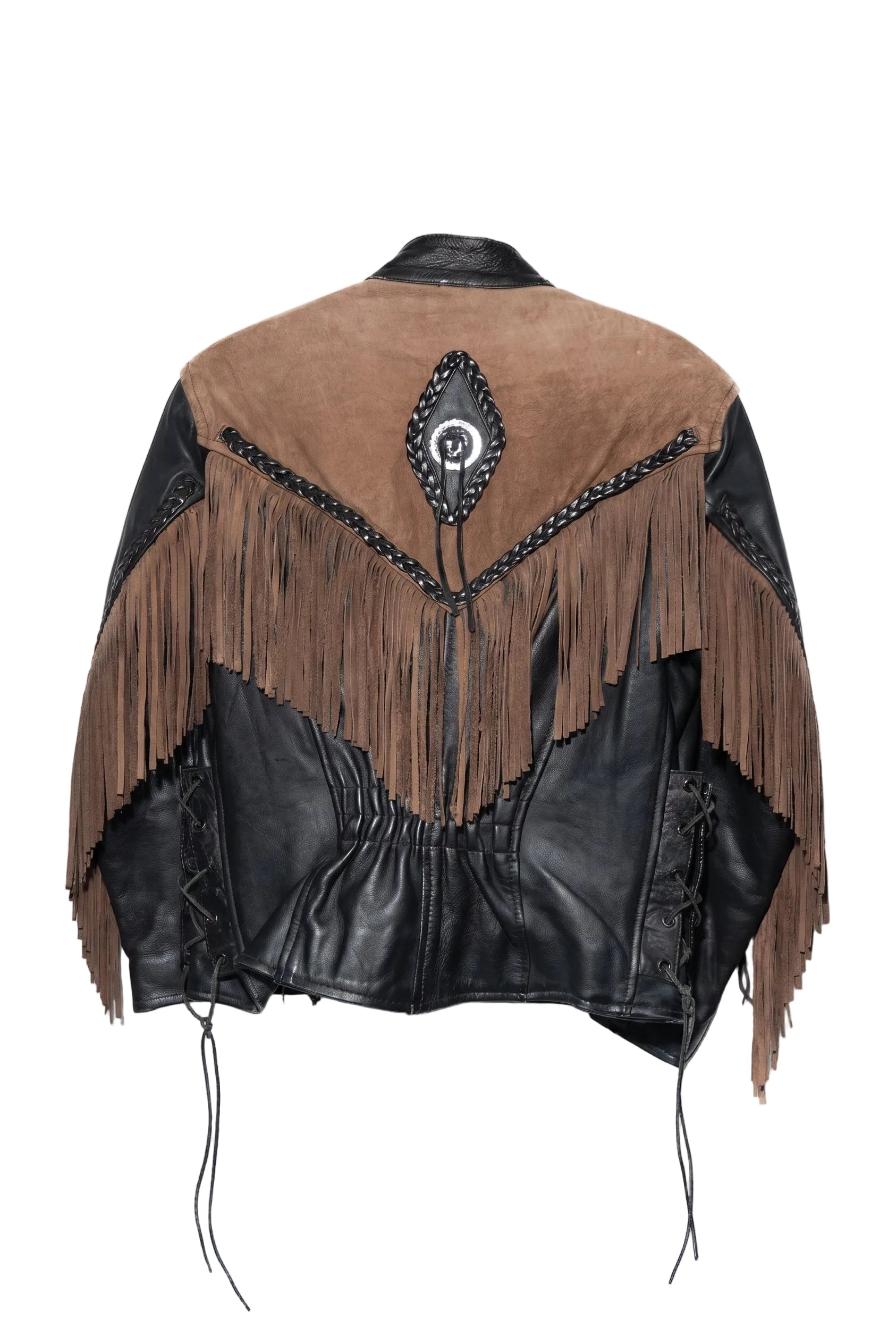 Brown and black leather jacket with fringe details on a white background