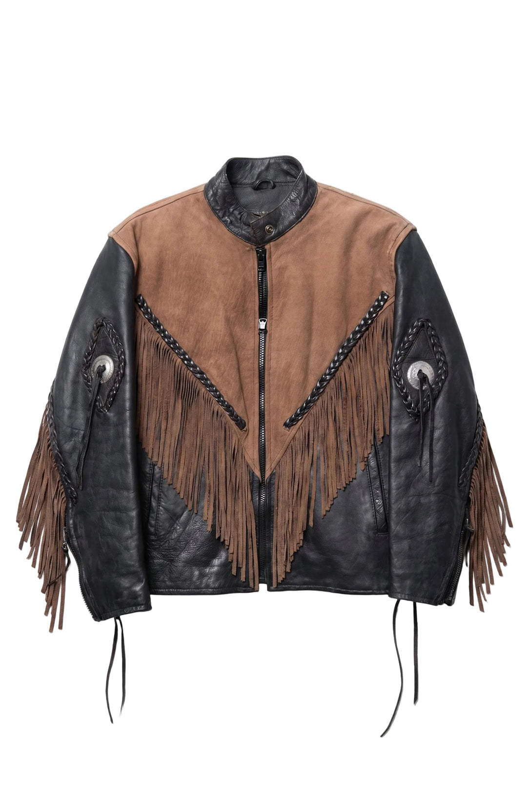 Brown and black leather jacket with fringes on a white background
