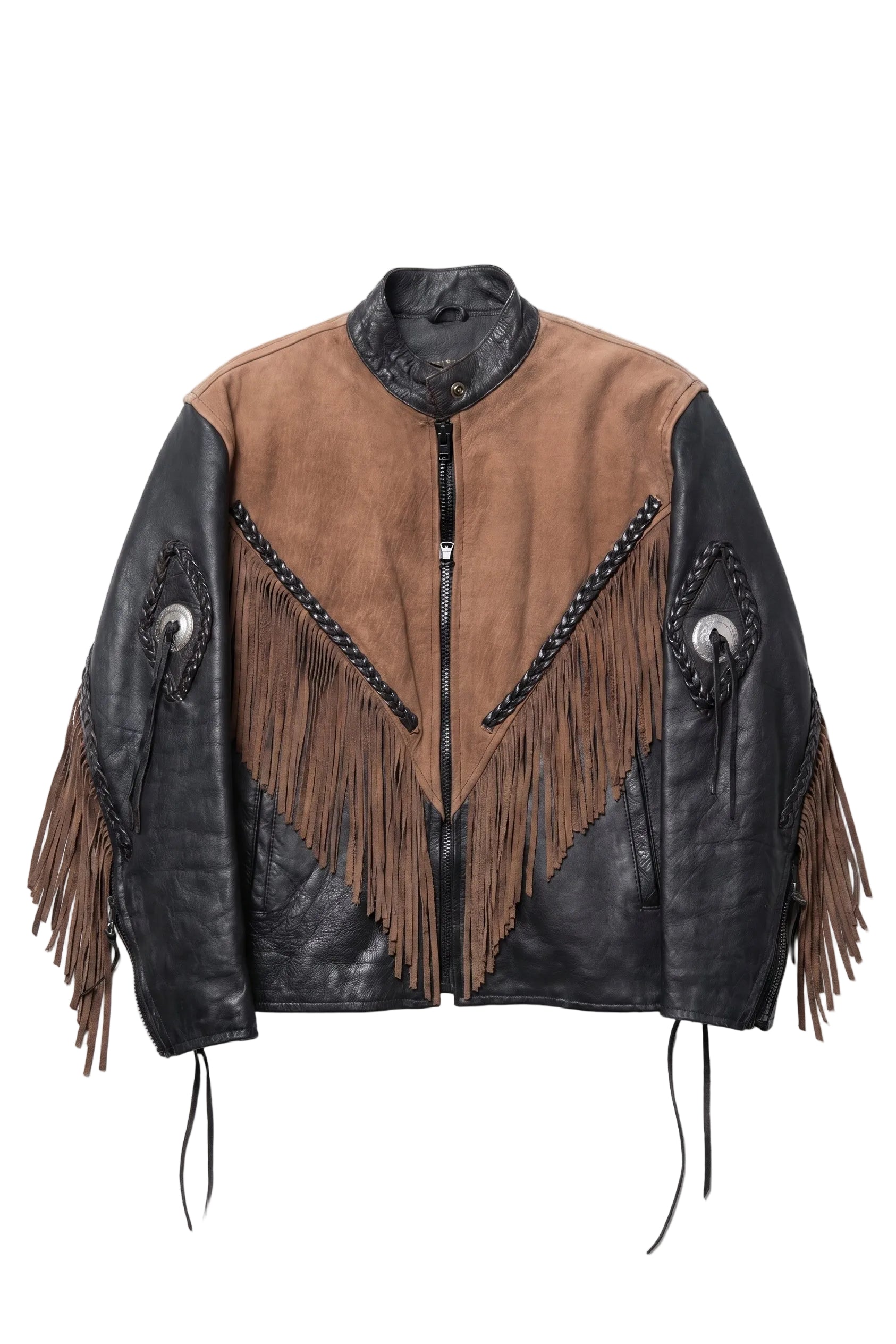 Brown and black leather jacket with fringes on a white background