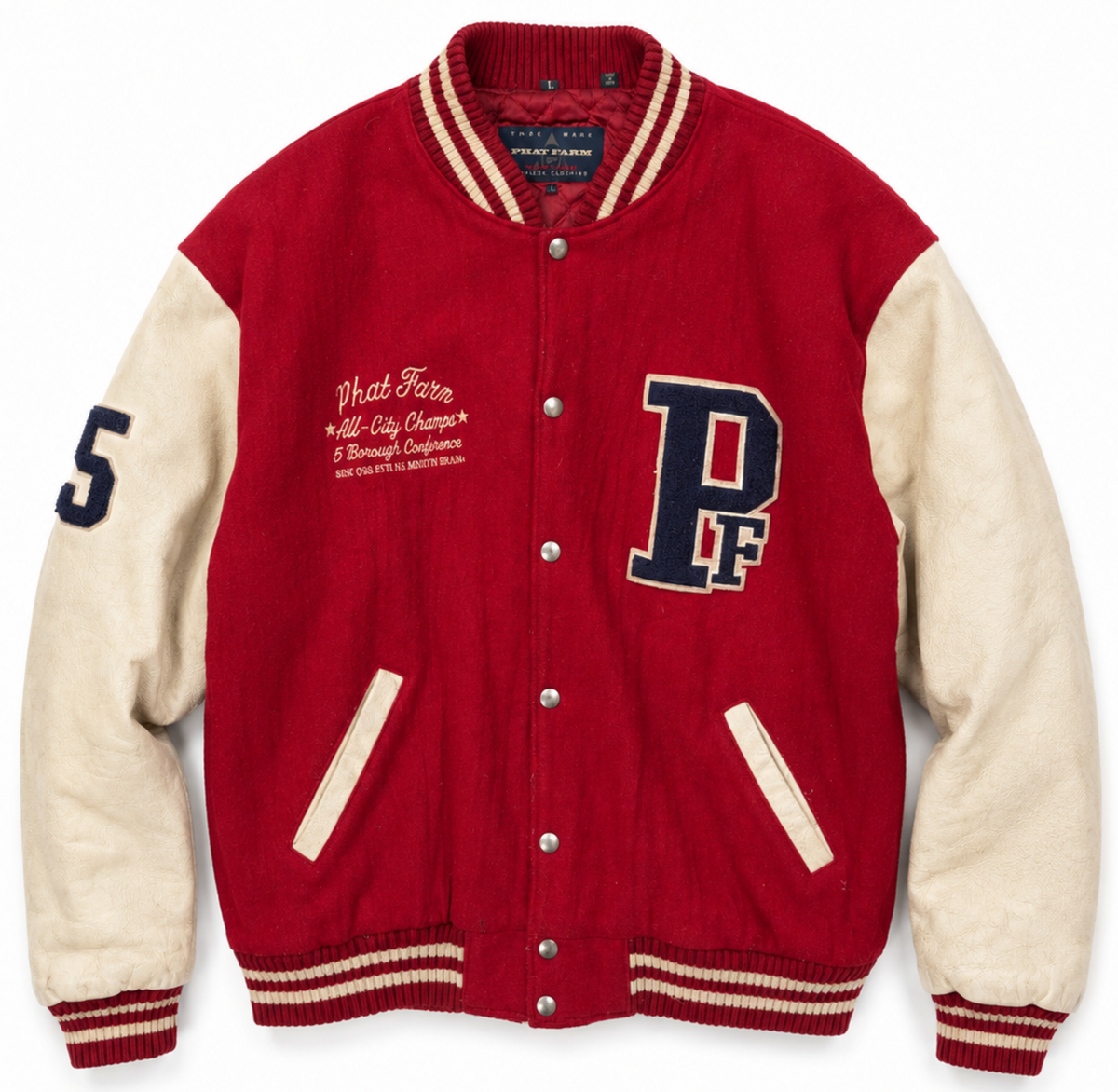 Vintage Phat Farm Red Wool & Cream Leather Varsity Jacket