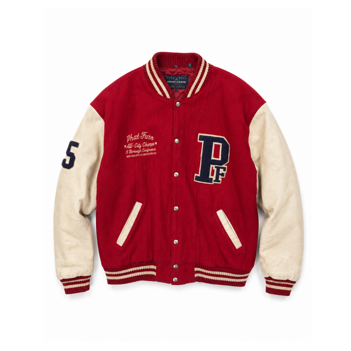 Vintage Phat Farm Red Wool &amp; Cream Leather Varsity Jacket