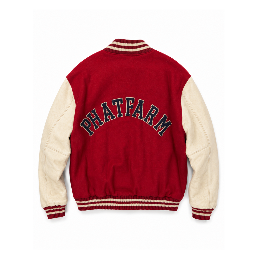 Vintage Phat Farm Red Wool &amp; Cream Leather Varsity Jacket
