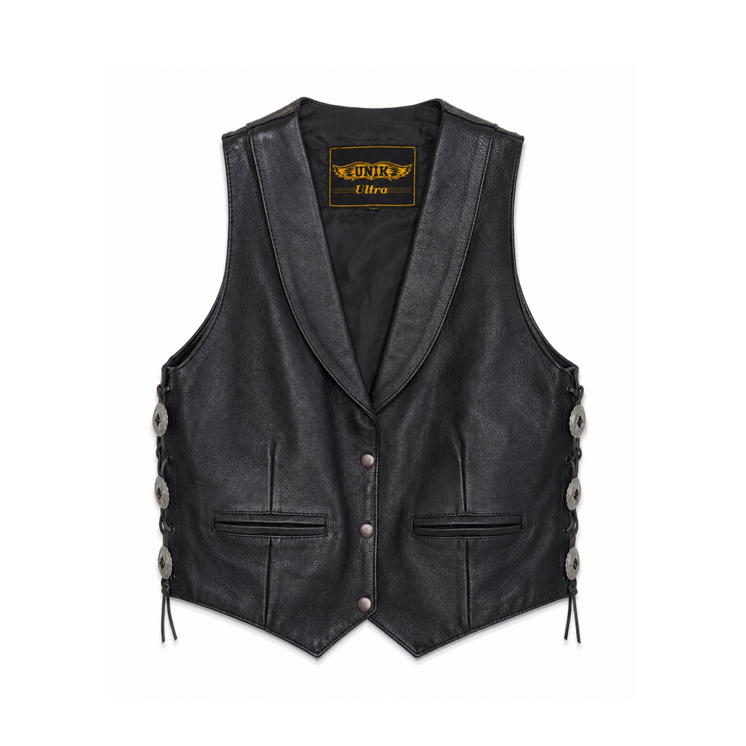 Unik Black Leather Western Medallion Accent Vest