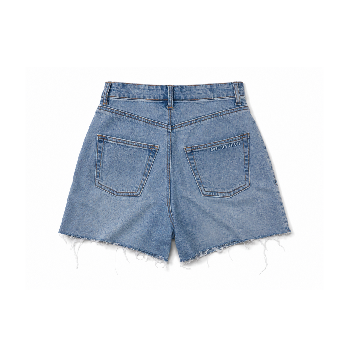 Vintage Light Wash Angled Pocket Denim Shorts