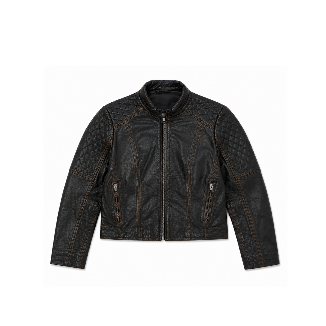 Vintage Brown Quilted-Shoulder Leather Jacket