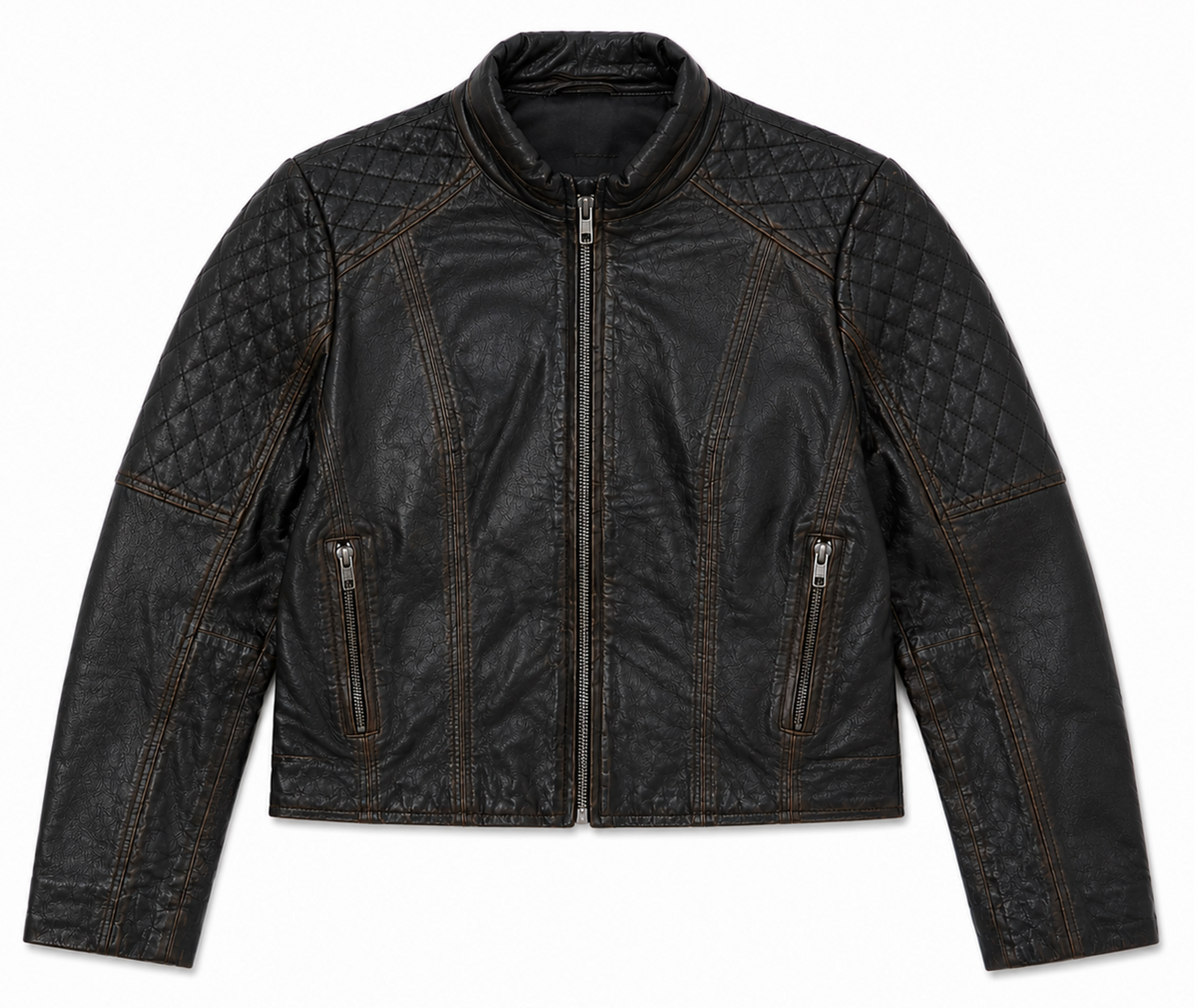 Vintage Brown Quilted-Shoulder Leather Jacket