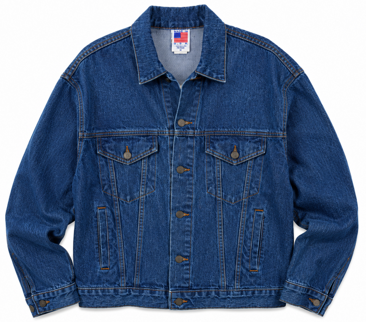 Vintage Dark Blue Embossed American Flag Trucker Jacket