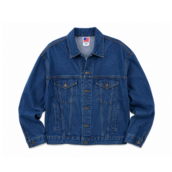 Vintage Dark Blue Embossed American Flag Trucker Jacket