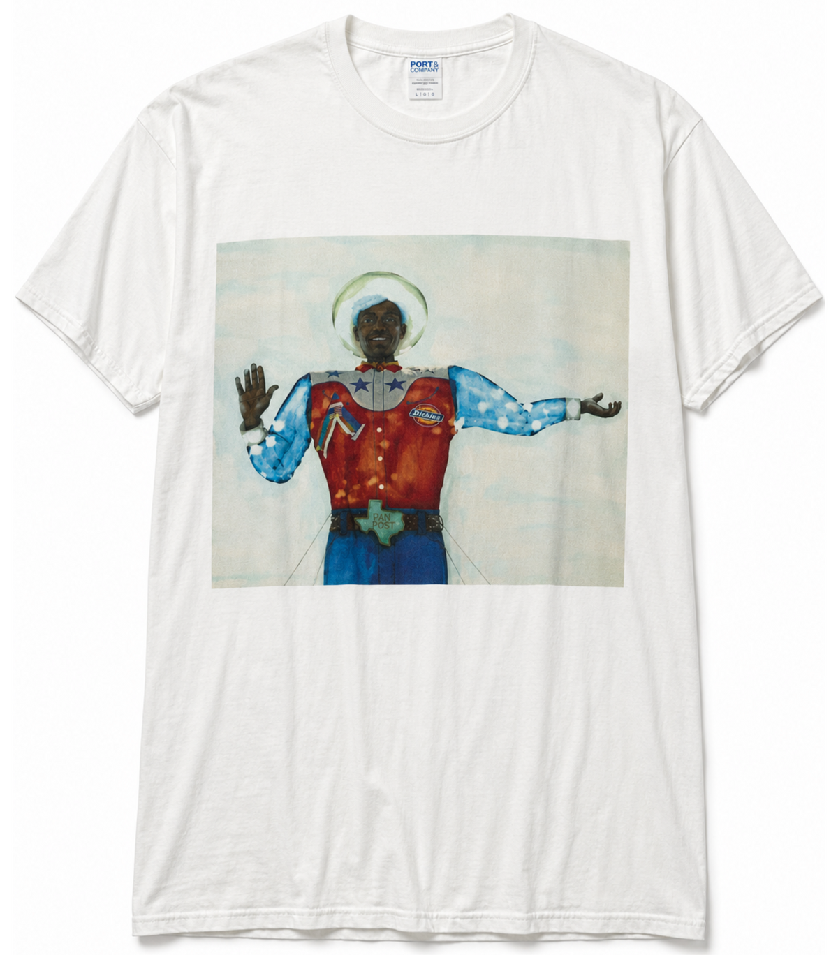 A white short-sleeve crewneck t-shirt featuring a rectangular graphic print of a stylized figure in a red vest and blue patterned sleeves, displayed flat against a white background.