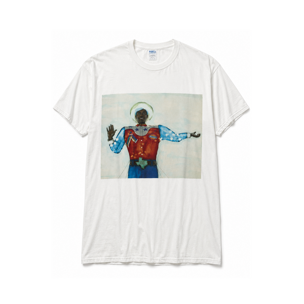 A white short-sleeve crewneck t-shirt featuring a rectangular graphic print of a stylized figure in a red vest and blue patterned sleeves, displayed flat against a white background.