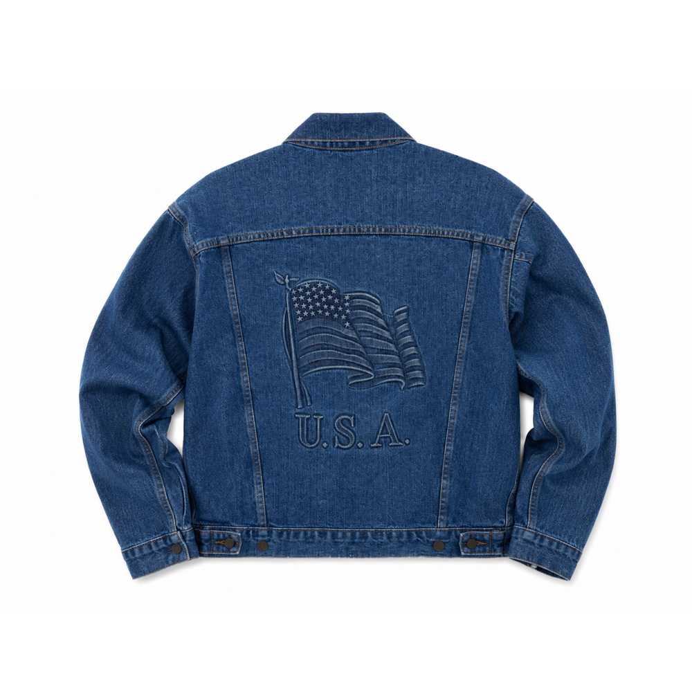 Vintage Dark Blue Embossed American Flag Trucker Jacket