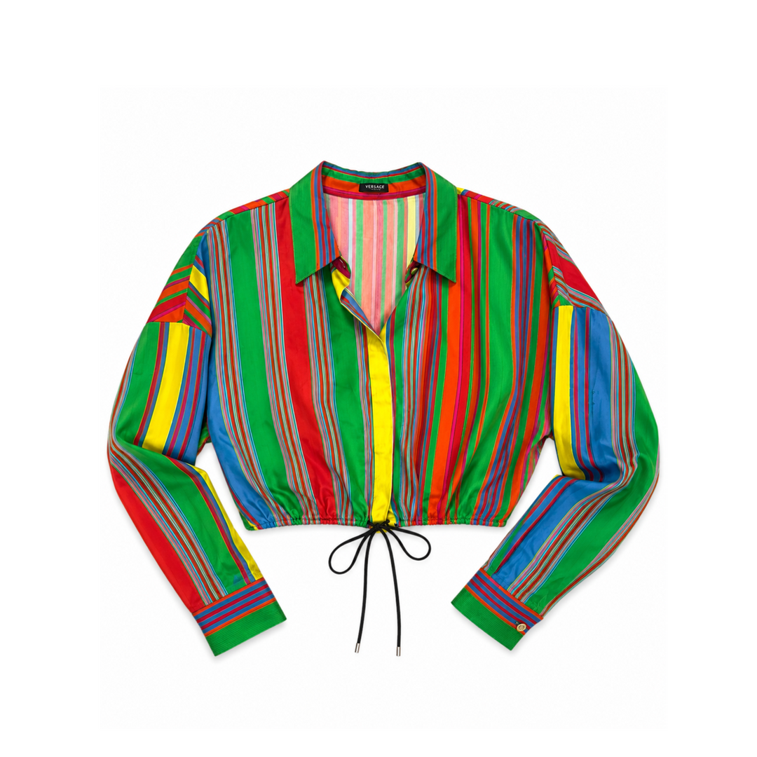Vintage Versace Multicolor Striped Cropped Drawstring Blouse