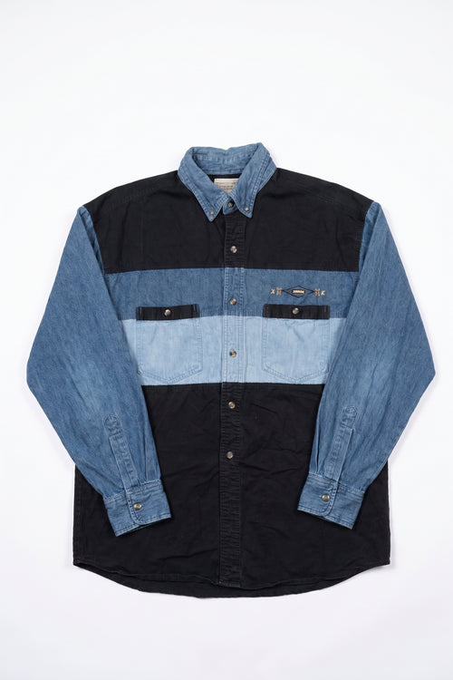 Black shirt with blue sleeves on a white background