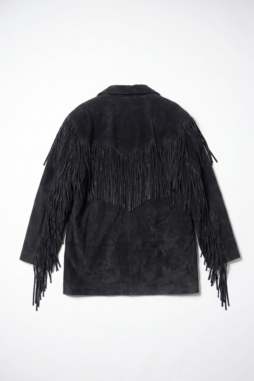 Black fringed jacket on a white background