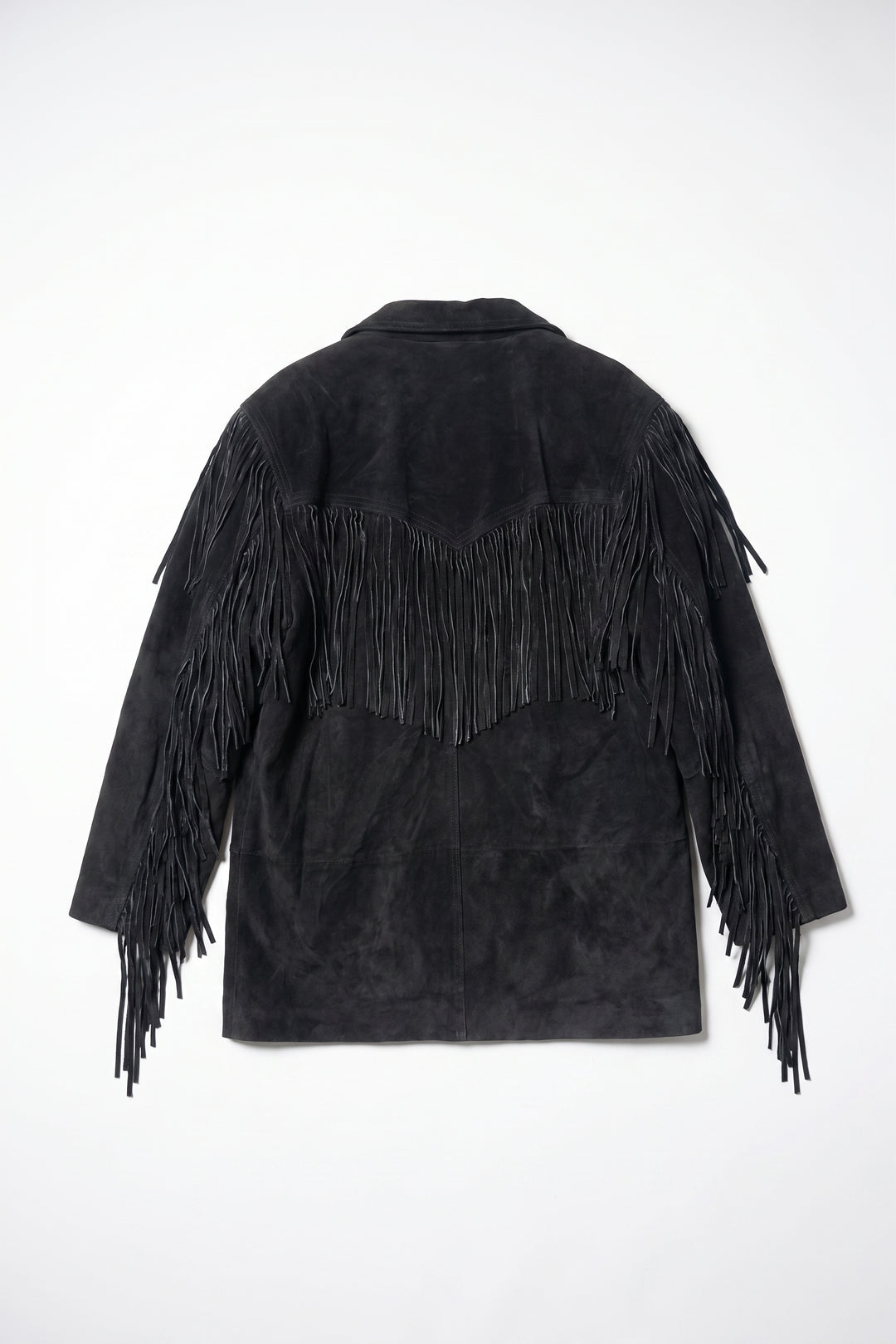 Black fringed jacket on a white background